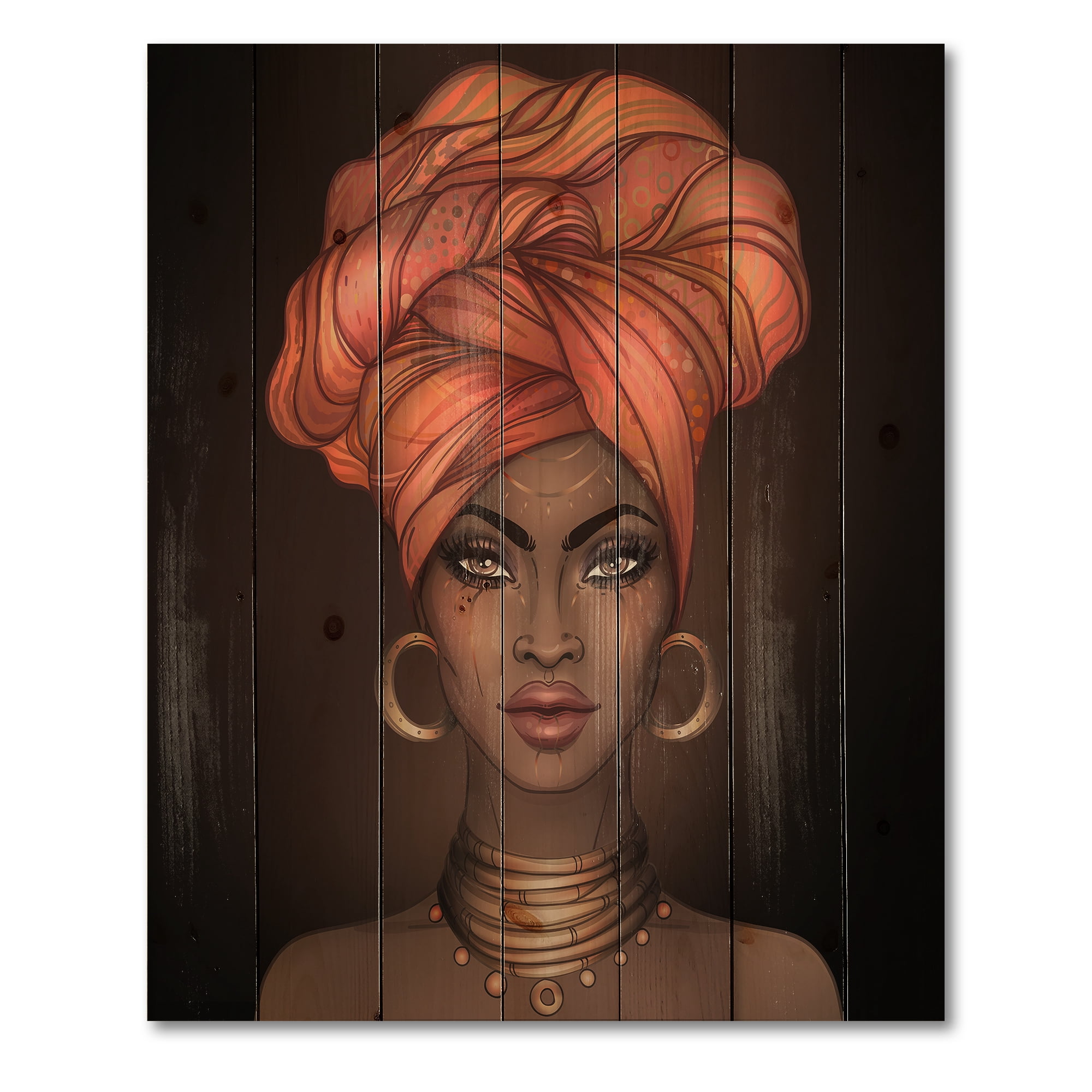 Designart 'African American Woman Portrait with Turban V' Modern Print on Natural Pine Wood