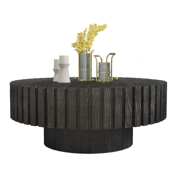 GZXS Modern Circular Coffee Table with Wood Texture in Black Finish, Easy Assembly, 31.5-Inch Round Center Table for Living Room Home Office