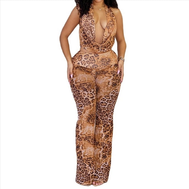 Conjuntos de Dos Piezas con Estampado de Guepardo para Mujer, Tops Halter, Pantalones Ajustados Acampanados, Conjuntos de para Verano. Estampado de Leopardo L