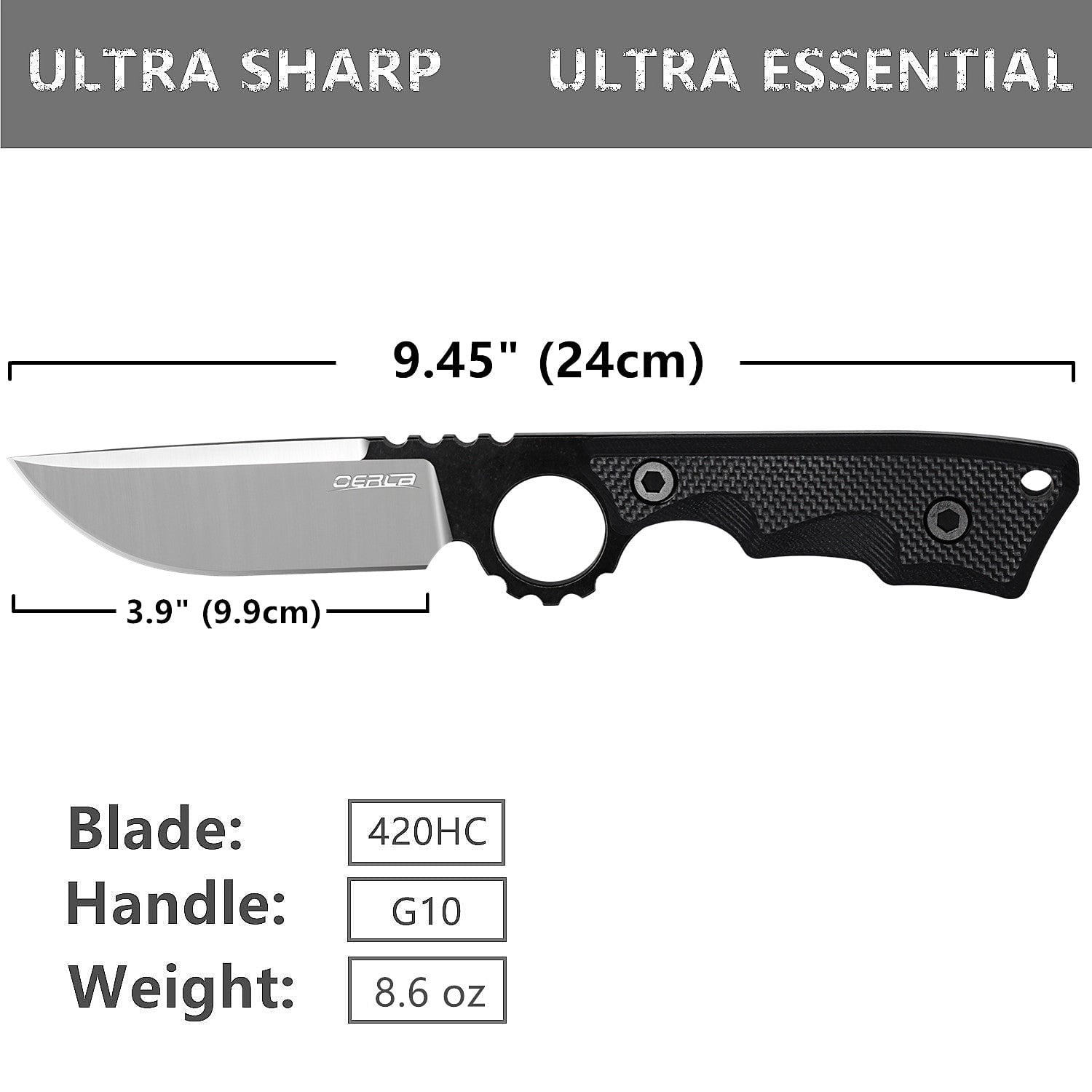 Oerla olk-032EK Tactical Fixed Blade Knife 3.9 inches blade with G10 Handle and Kydex Sheath (Black)