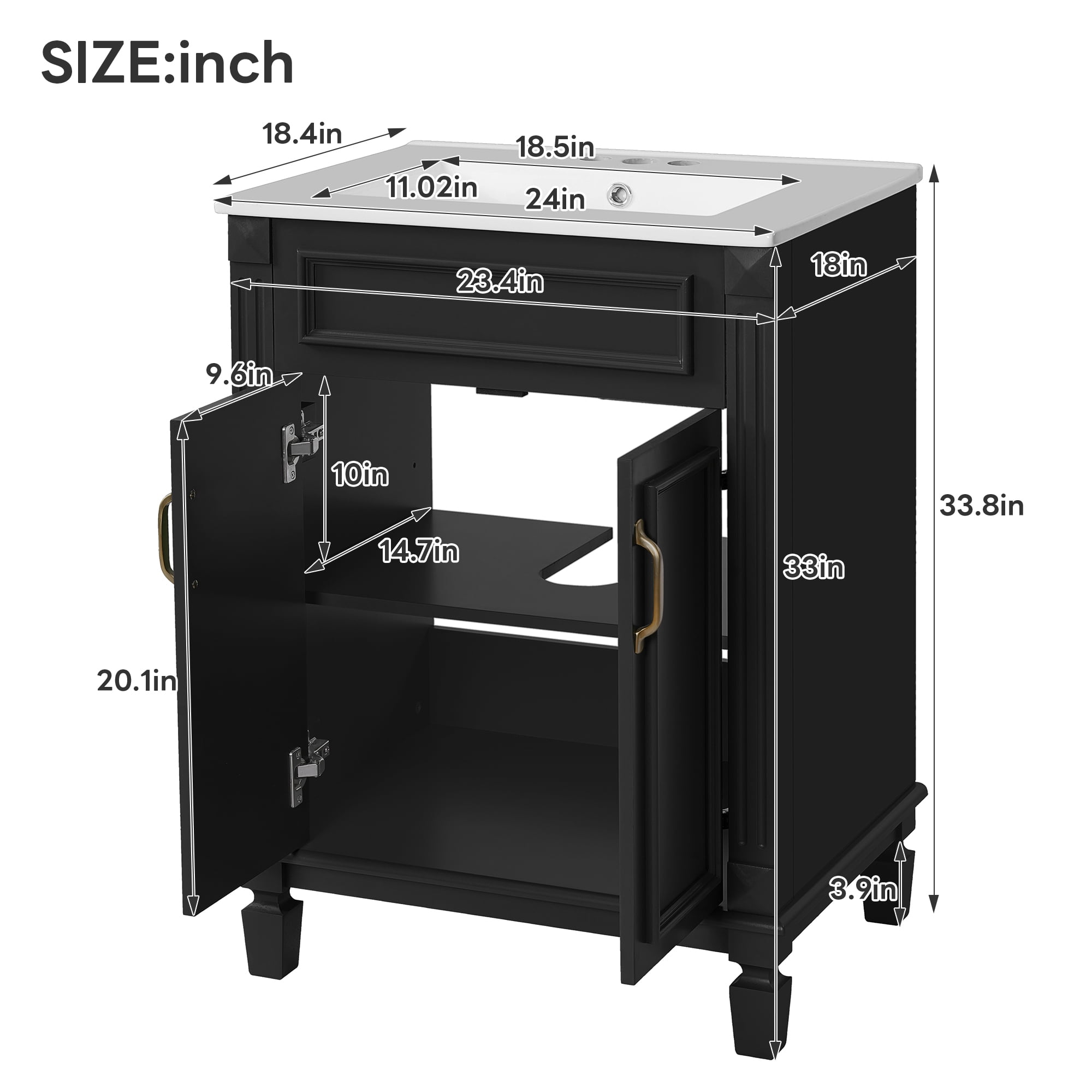 Euroco 24'' Bathroom Vanity with Top Sink, Modern Bathroom Storage Cabinet with 2 Soft-Closing Doors and Adjustable Shelf, Solid Wood Frame