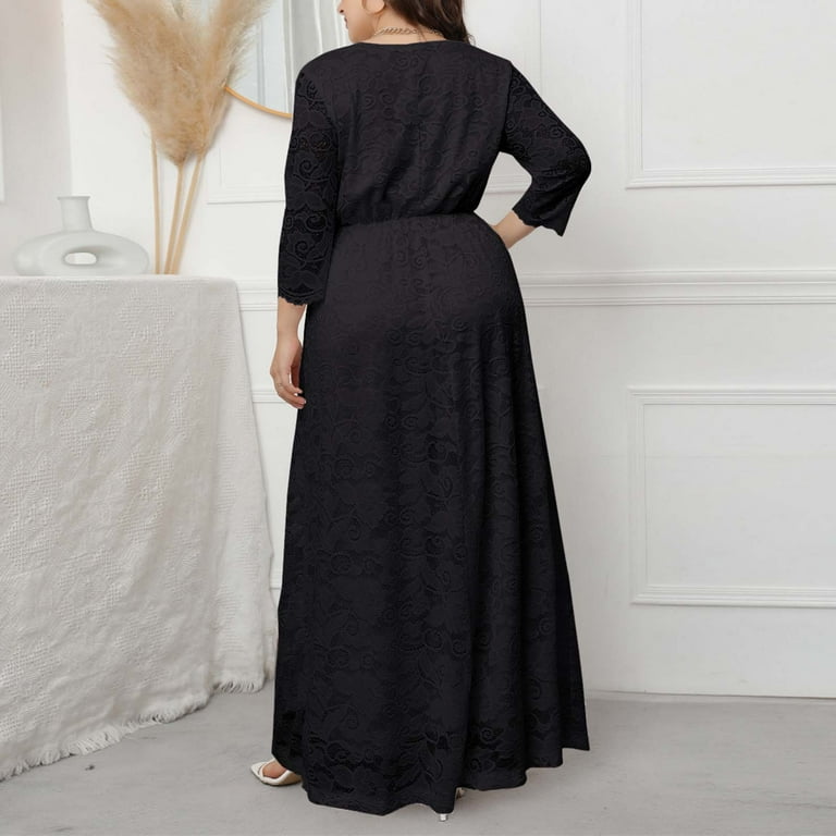 Hfyihgf Plus Size Dresses for Women Wedding Guest Semi Formal Lace Cocktail  Graduation Party Long Sleeve A Line Maxi Long Dress Black XXL - Walmart.com