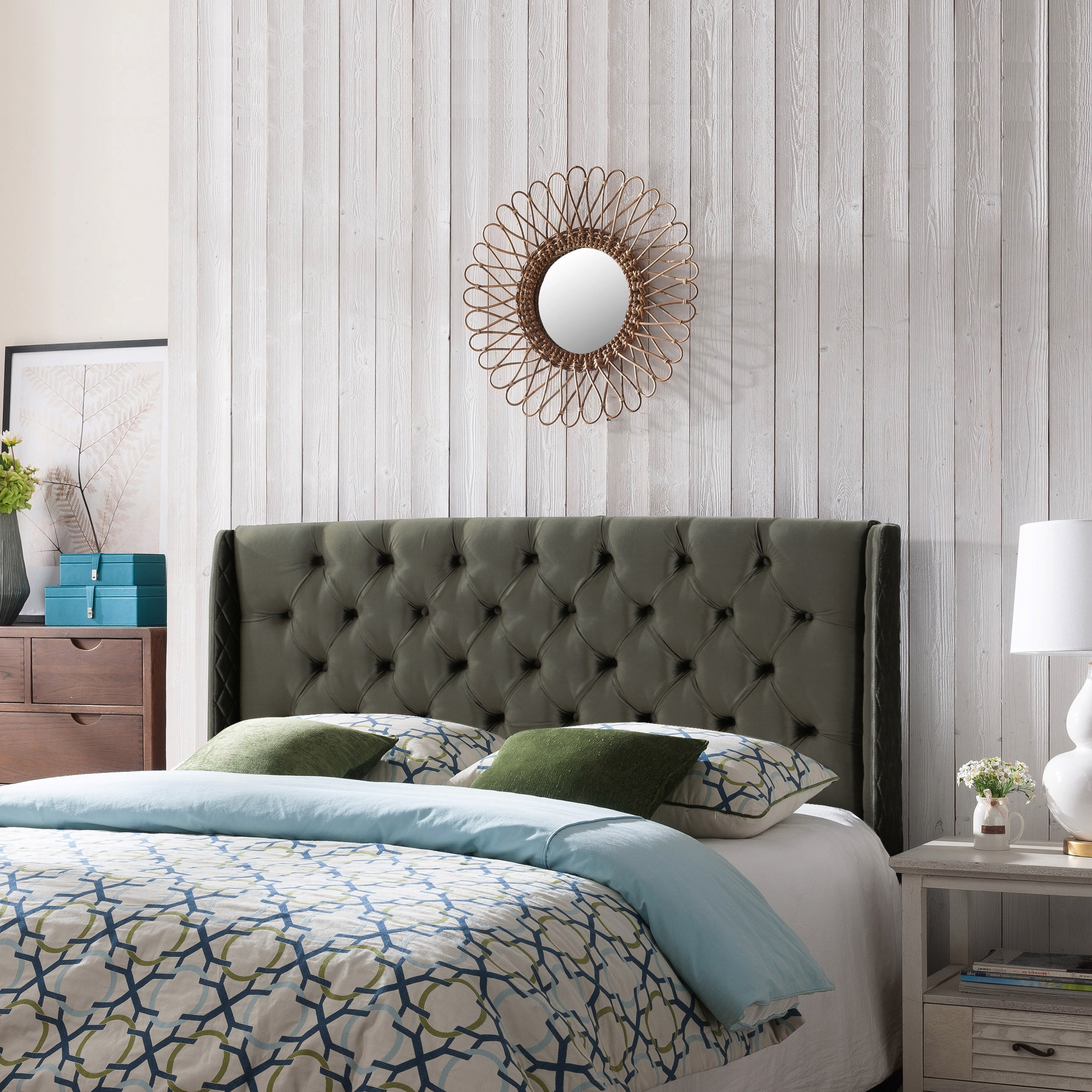 Noble House Wingback Queen/Full Tufted Velvet Headboard,Grey - Walmart