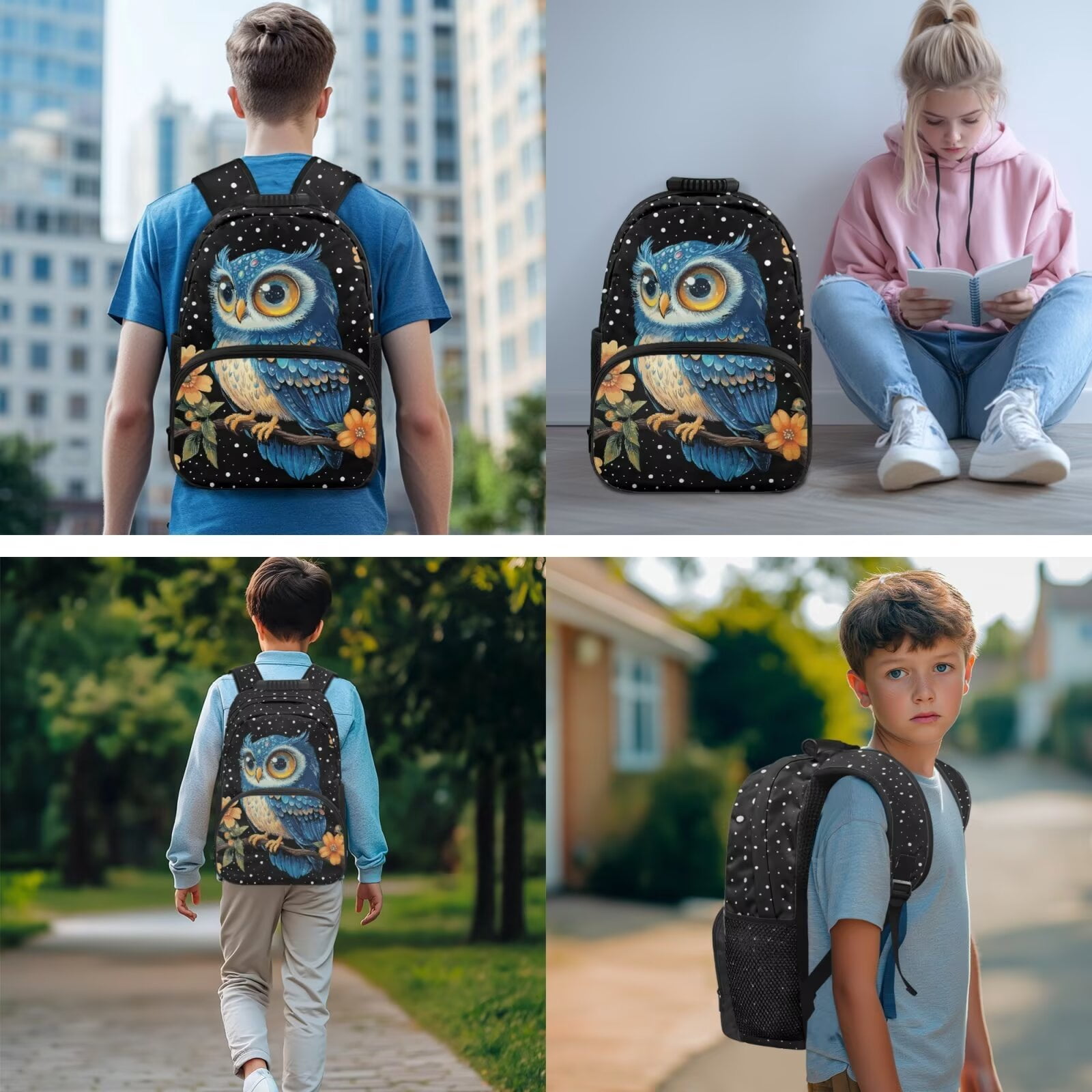 Pzuqiu Owl Print Back Pack for School Girls Set of 4 17 Inch Kids Backpack Lunch Bag with Pencil Box 2pcs Bookmark, Travel Rucksack Camping School Bag for Teens Christmas Gifts