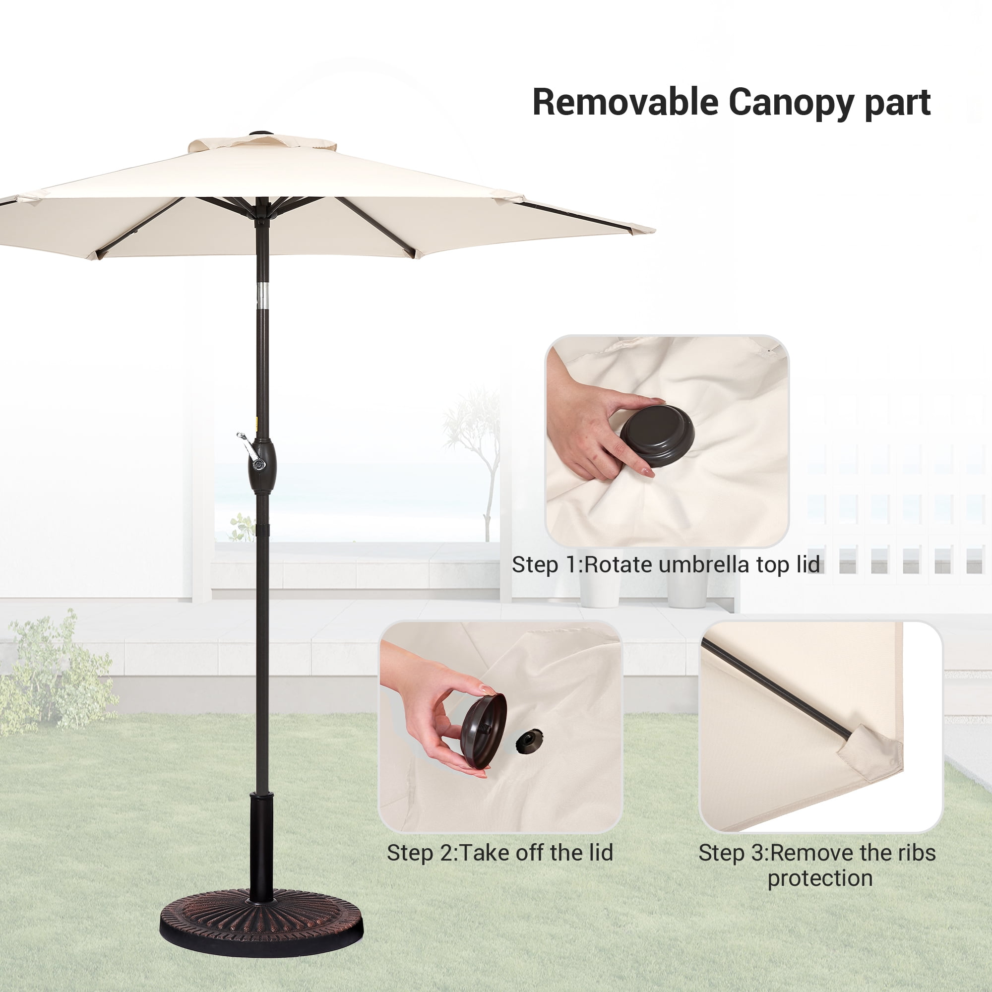 Sonerlic 7.5ft Round Patio Market Umbrella with Steel Frame,Outdoor Table Umbrella for Yard,Poolside and Deck,Beige