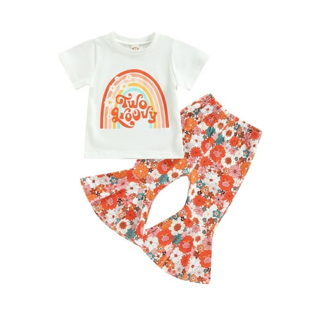

Sunisery Toddler Baby Girl Summer Outfits Set Rainbow Floral Short Sleeve T-Shirt Tops Flared Bell Bottom Pants 2 PCS Clothes
