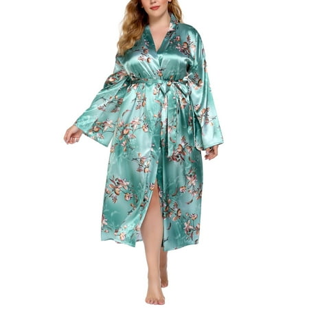 

Plus Size Bathrobe for Women Floral Printed Sleepwear Nightwear Ladies Long Sleeve V Neck Loungewear