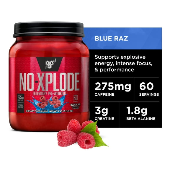 BSN N.O. Xplode Pre-Workout Supplement with Creatine, Beta-Alanine, and Energy, Blue Raz, 60 Servings