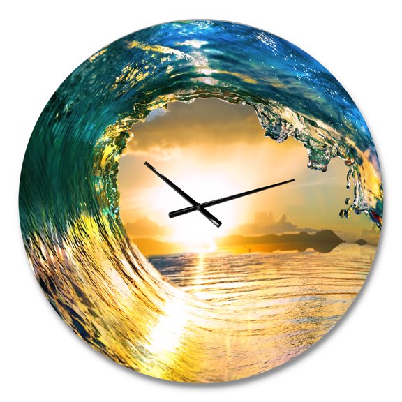Designart 'Colored Ocean Waves Falling Down II' Coastal wall clock