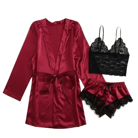 

iOPQO lingerie for women Satin Silk Pajamas Women Nightdress Lingerie Robes Underwear Sleepwear Wine M