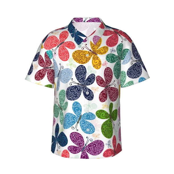 Balery Colorful Butterflies Camisas hawaianas de manga corta para hombre, camisas playeras de corte holgado, camisas de vacaciones con botones,Large
