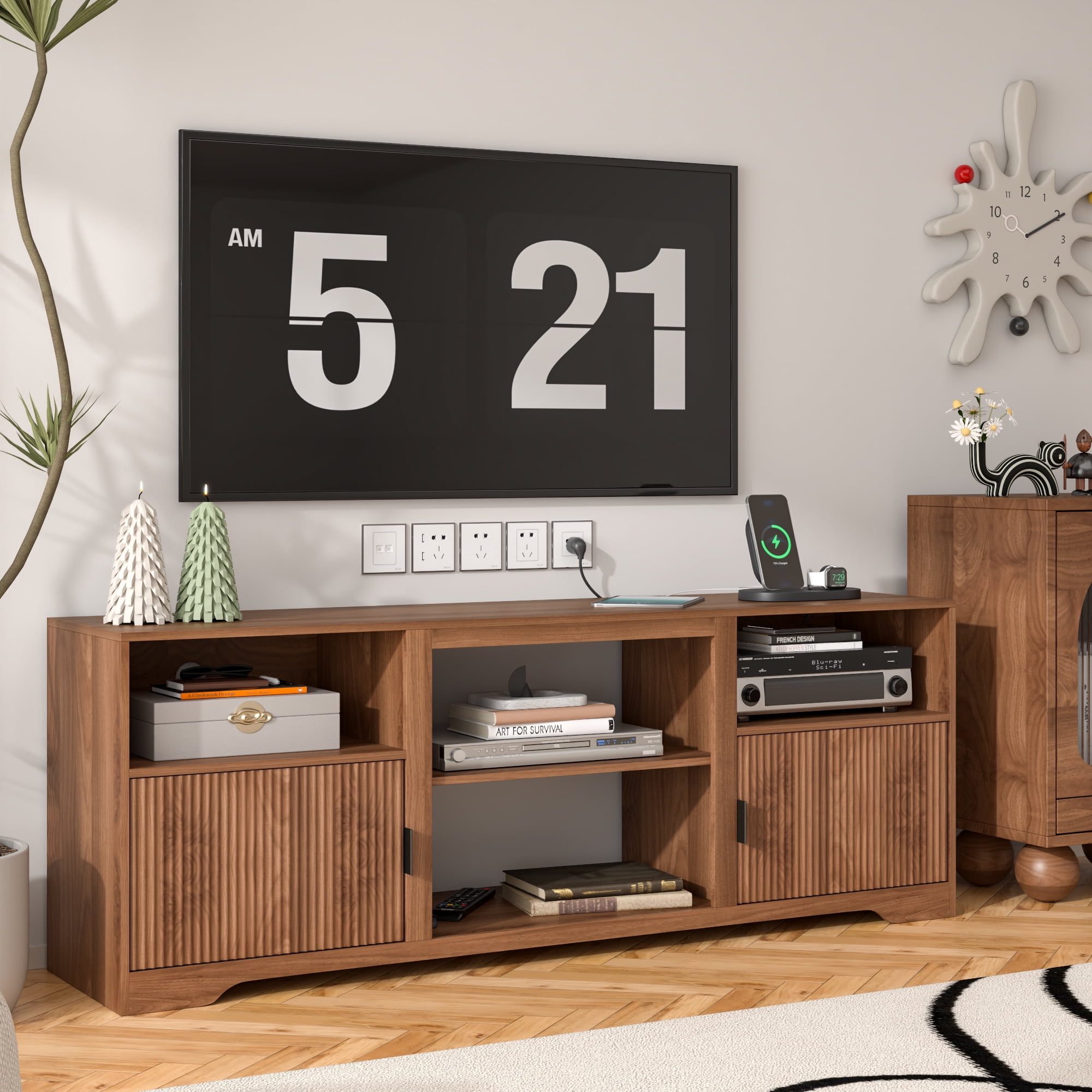 Lisicues TV Stand for TVs up to 80", 68" Media Console Cabinet with Storage Shelves & Cord Holes, Mid-Century Modern Entertainment Center for Living Room, Bedroom