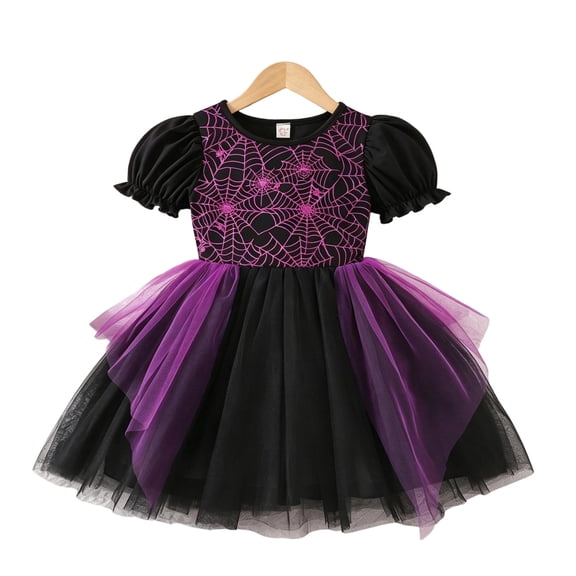 Girls Dresses Witch Halloween Tutu Skirt Kids Puff Short Sleeve Spider Web Print Tulle Dress Princess Outfit for Carnival Theme Party(Dark Purple,7 Years)