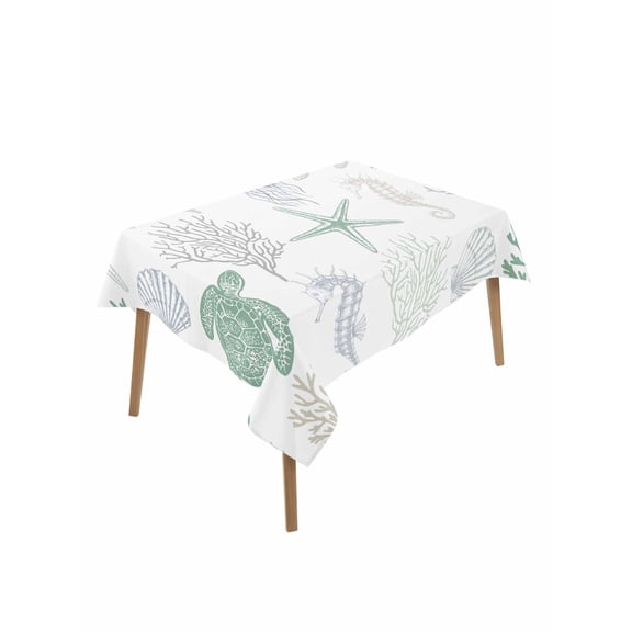 Green Coastal Rectangle Tablecloth, Nautical Summer Beach Coral Sea Turtle Waterproof & StainResistant Tablecloth, Washable Oil-proof Table Cover for Dining/Party/Wedding/Camping/Buffet 60x102 In