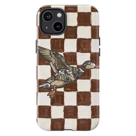 Flying Duck Hunting Phone Case, Brown Checkerboard Chess Pattern Vintage Bird iPhone Cover for iPhone 17 16 15 14 13 12 11 Pro Plus Mini