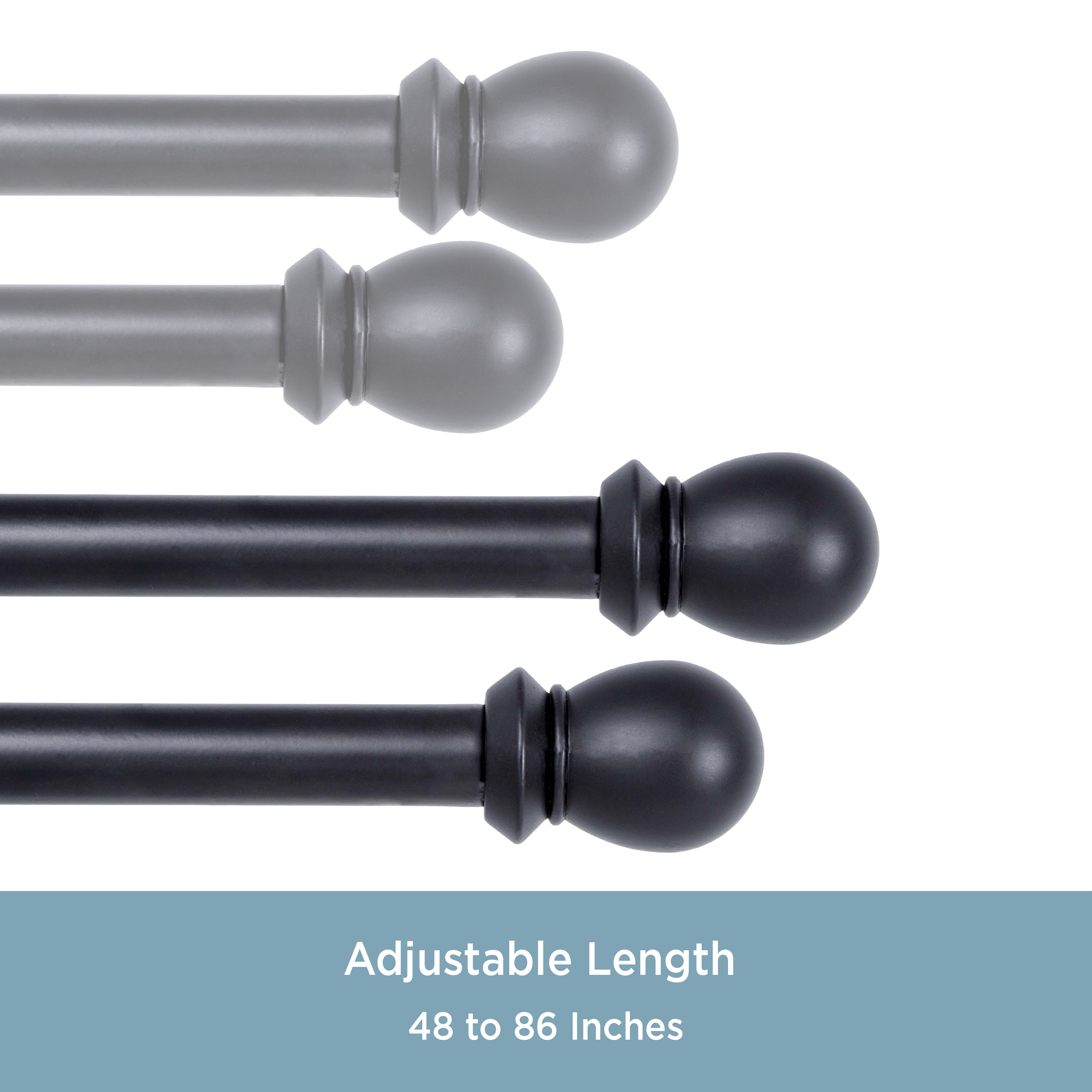 Kenney Scroll Ball Standard Steel Decorative Window Double Curtain Rod, 48-86" Adjustable Length, 5/8" Dia., Black