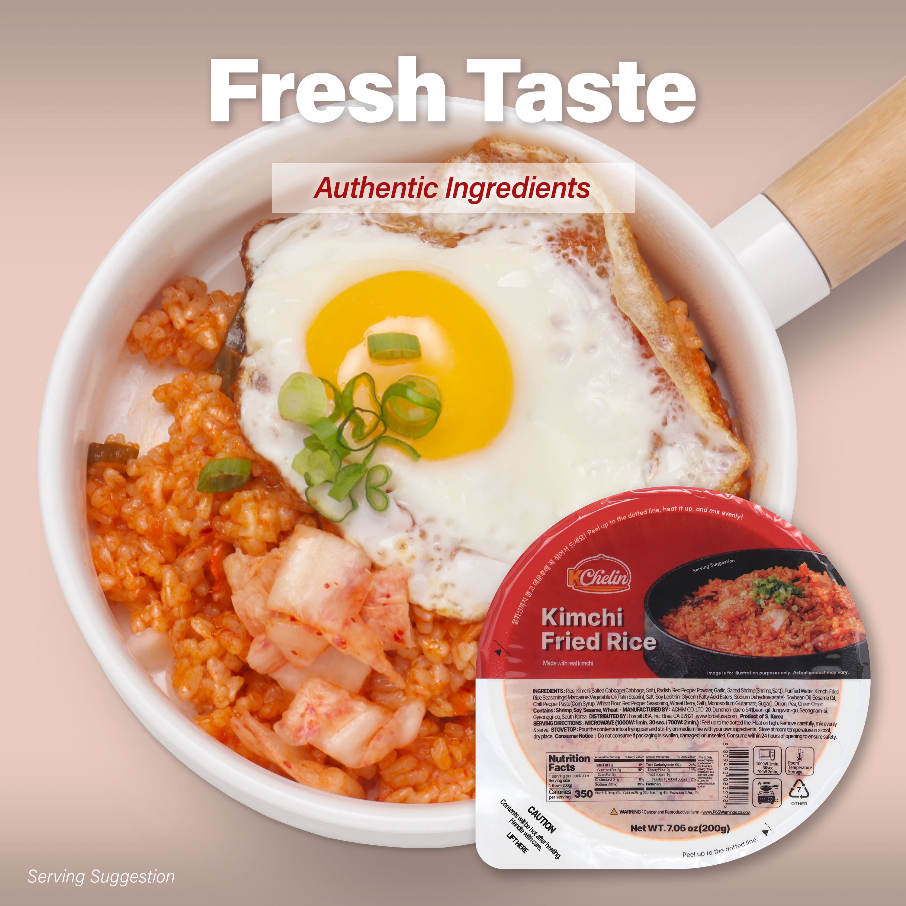 [KCHELIN] Microwaveable Kimchi Fried Rice (Pack of 6), Korean Food, Shelf- Stable, On- the- Go Meals, 7.05 oz per Bowl