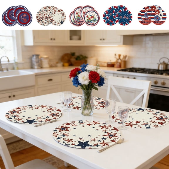 Beautynvta 4th of July Placemats Set of 4, American Stars Patriotic Placemats, Round Linen Washable Heat Resistants Table Mats for Home Kitchen Dining Table Decorations, 14x14 Inch