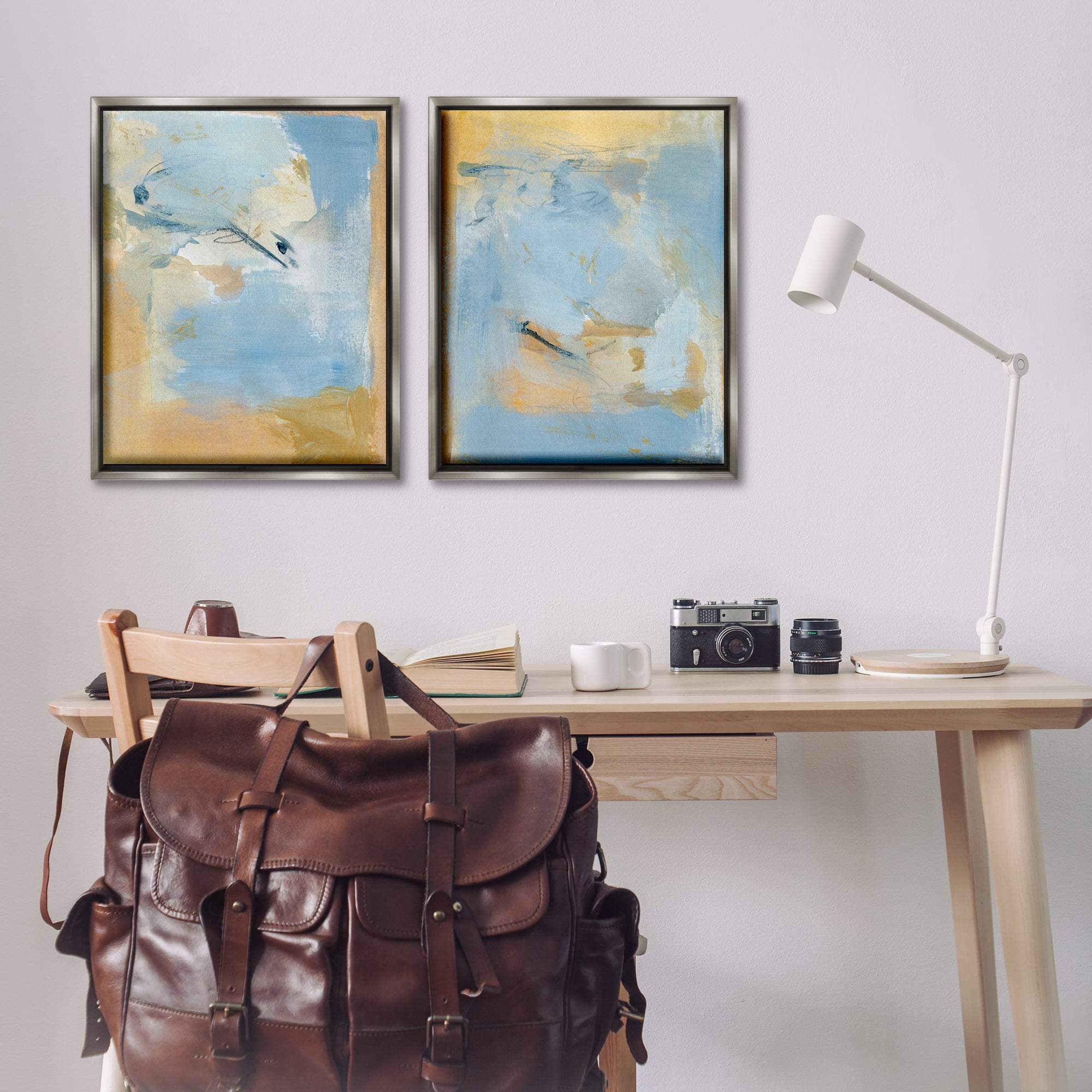 Stupell Industries Light Blue Pastel Gold Abstract Painting Gray Floater Framed Canvas Art Print Wall Art, 31 x 25, Set of 2