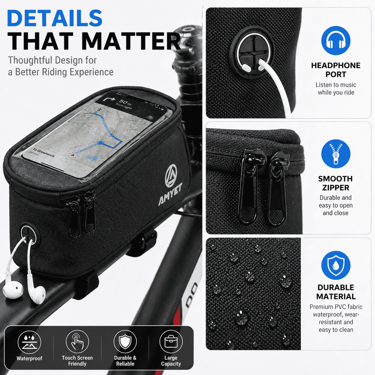Bike Phone Front Frame Bag Waterproof, 6.5" Touch Screen Bicycle Top Tube Bag with TPU Screen, Dual Storage, Velcro Mount, Bike Phone Holder for Road Mountain Bikes
