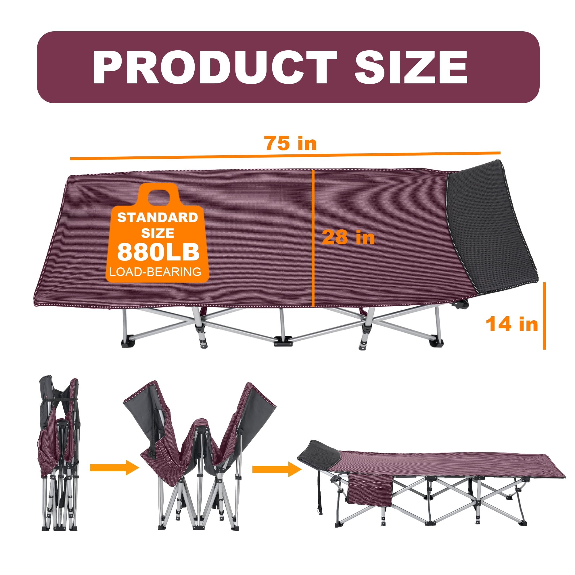 FlexWave 75" x 28" Folding Camping Cot with Mattress for Adults, 880 lb Heavy Duty Portable Guest Bed for Camping, Home & Travel