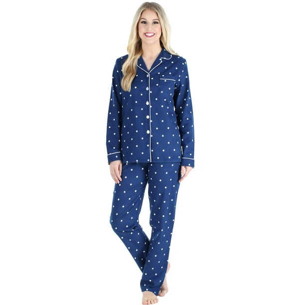 PajamaMania Women's Cotton Flannel Long Sleeve Button-Down Pajamas PJ Set,  Blue Dogs, X-Small at  Women's Clothing store