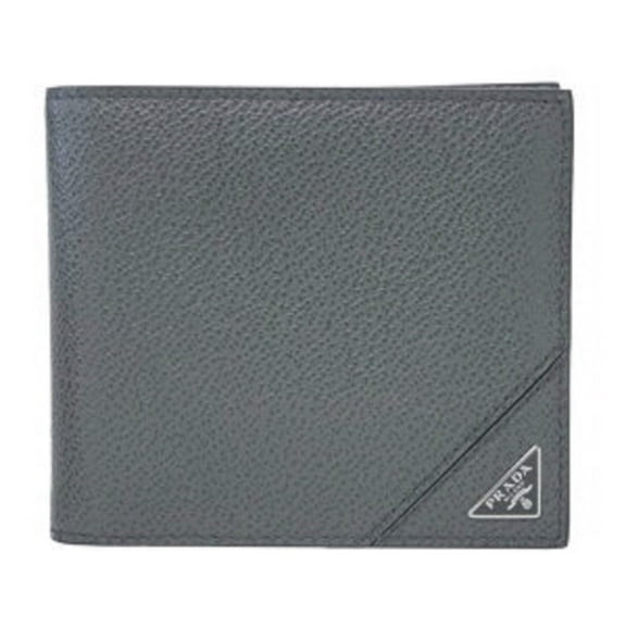 Prada Mens Bifold Vitello Micro Grain Gray Leather Triangle Logo Bifold Wallet