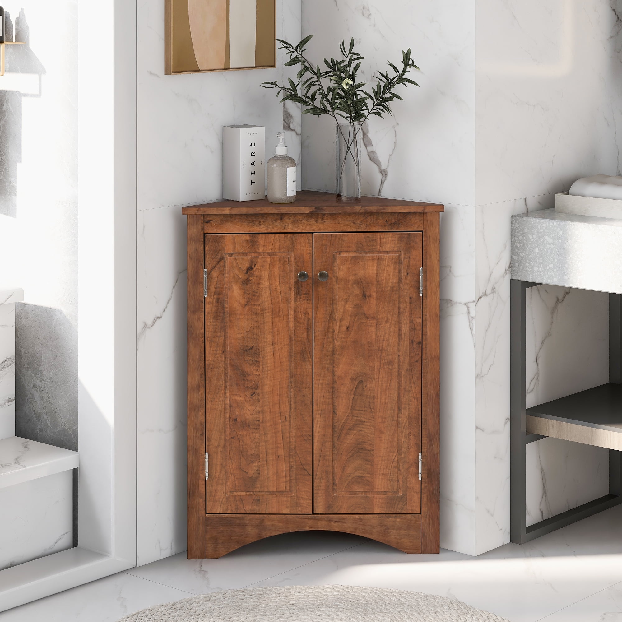 Bathroom Storage Cabinet, Triangle Corner Cabinet With 2 Adjustable Shelves, Freestanding Floor Cabinet Moisture Proof For Bathroom Laundry, Brown
