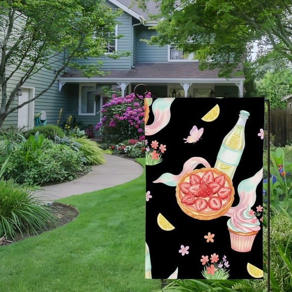RKSupls Spring Summer Garden Flag Double Sided Strawberry Tart & Lemonade Linen Small Butterfly Floral Flower Welcome Yard House Outside Outdoor Decoration,12*18 inch
