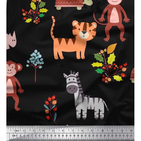 Soimoi Crepe Silk Fabric Berries & Animals Cartoon Printed Fabric 1 Yard 42 Inch Wide