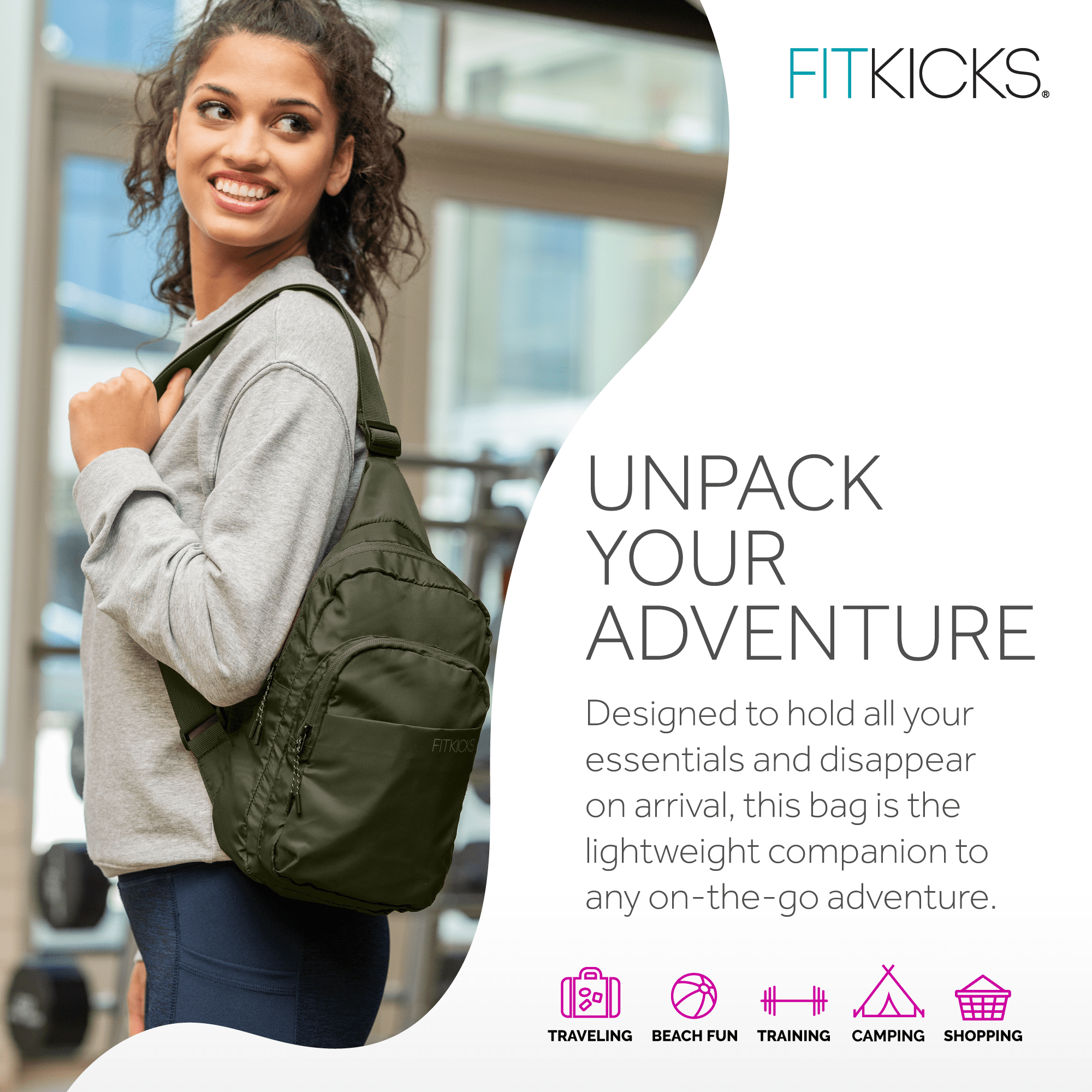 FITKICKS Hideaway Packable Sling Lightweight Crossbody Bag, Green (Unisex)