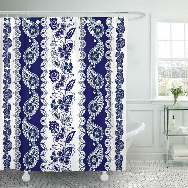 ABPHQTO Flor blanca de encaje Bordes bohemios Rayas con motivos florales azules Rosas Paisleys Cortina de ducha Cortina de baño 165x180 cm ABPHQTO PKNMT66x72Shower-13682