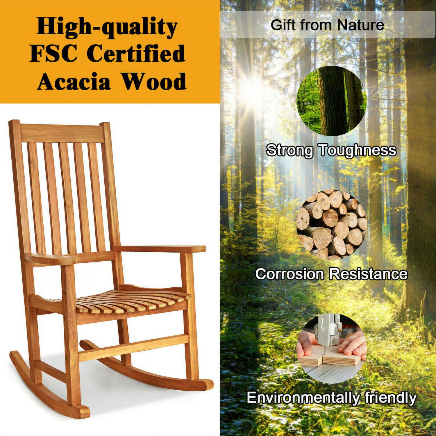 Aimee Lii Outdoor Rocking Chair, Patio Wooden Rocker Chair for Lawn, Porch, Backyard, Indoor and Garden, B-Natural