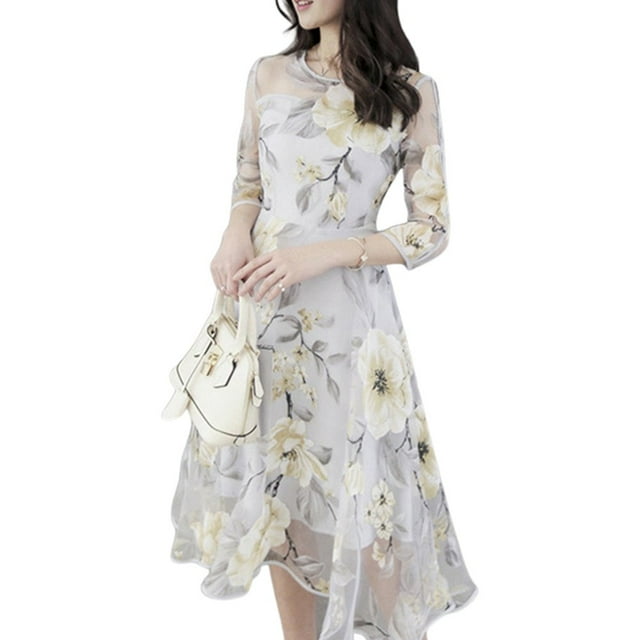 AMERTEER Robe Midi à Double Couche pour Femmes, Col Rond, Manches 3/4 en Maille, Imprimé Floral, Grande Ampleur