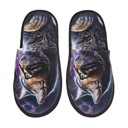 Balery Purple Moon Cat Slient Indoor Furry Fleece Comfort House Shoes Soft Non-Slip Home Shoes Cotton slippers House Slippers-- Large