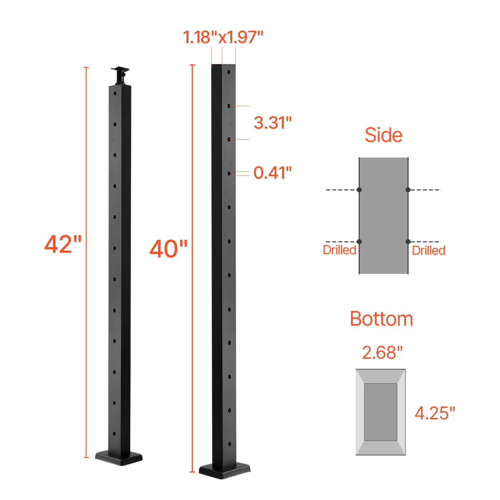 Horizontal Hole Cable Railing Post 42" / 36", SUS304 Stainless Steel, 3" Hole Spacing, Pre-Drilled, for Deck Stairs Balcony Railing