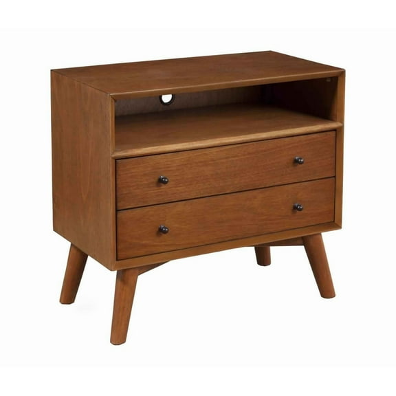 2 Drawer Wooden Nightstand with Open Compartment and Splayed Legs Brown- Saltoro Sherpi