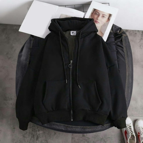 Unisex Plus Size Fleece Lined Hooded Jacket Casual Zipped Up Hooides Color Black Size XXXL