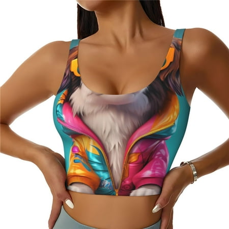 Qokaie Colorful Sunglasses Dog Pattern Womens Scoop Neck Sports Bra Breathable Workout Vest Padded U Back Medium Impact Fitness Gym Yoga Bra Workout Crop Top-X-Large