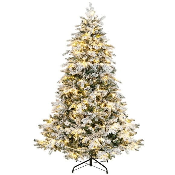 Costway 6 FT Pre-Lit Flocked Christmas Tree Hinged w/ 260 LED Lights & 1415 Branch Tips
