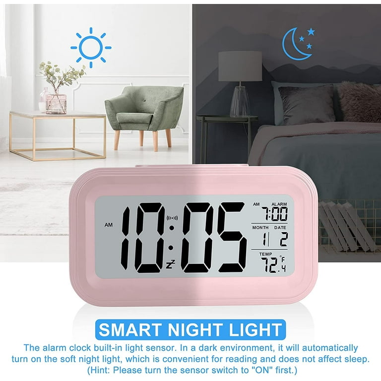 BToBackYard Digital Alarm Clock,Battery Operated Small Desk Clocks,with  Smart Night Light,Date,Indoor Temperature,LCD Electronic Clock for Bedroom  Home Office Living Room 