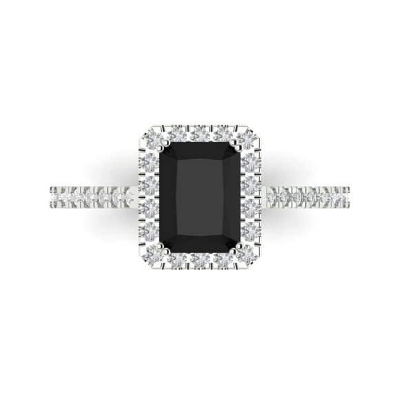 1.86 ctw with Simulated Diamond Halo Accents Anniversary Ring for Women | Emerald Cut Natural Onyx | Hyperallergenic Solid 14K White Gold