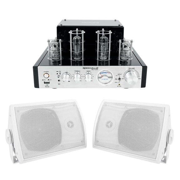 Rockville BluTube Bundle: 70W Tube Amplifier Receiver with Bluetooth, HP5S-8 5.25 Inch Indoor Outdoor Speakers, White, 2-items