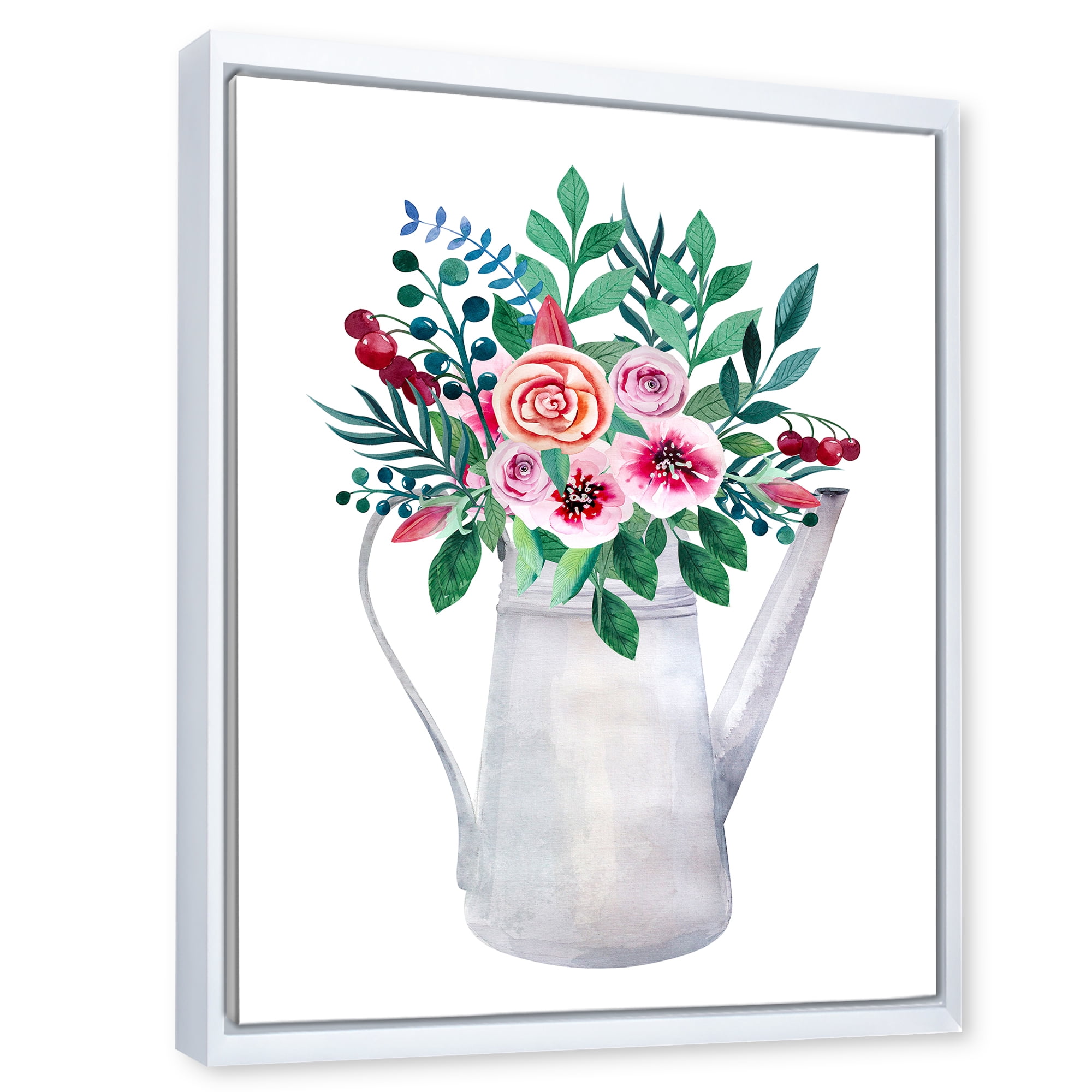 Designart 'Bouquets of Flowers In Rustic Flowering Pot With Berries' Traditional Framed Canvas Wall Art Print