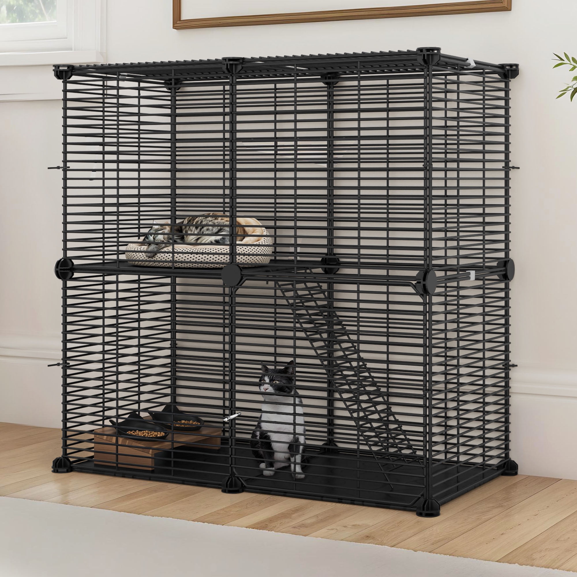 Uforic 2 Tier Indoor Cat Cage,28" Cat Enclosure DIY Cat Playpen for 1-2 Cats,28"L x 14"W x 28"H,Black