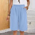 thumbnail image 5 of Htigea Womens Bermuda Shorts Linen Summer Elastic Waist Short Pants Casual Loose Fit Beach Pant with Pockets Solid Color Straight Leg Rolled Shorts Blue XXL, 5 of 8