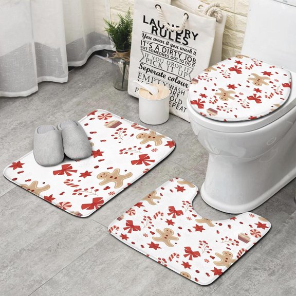 Red Christmas Gingerbread Man Pattern Bathroom Rugs Sets 3 Piece,Toilet Cover Set,Absorbent Non Slip Bathroom Mats Sets with U-Shaped Contour Rug Toilet Rug Set