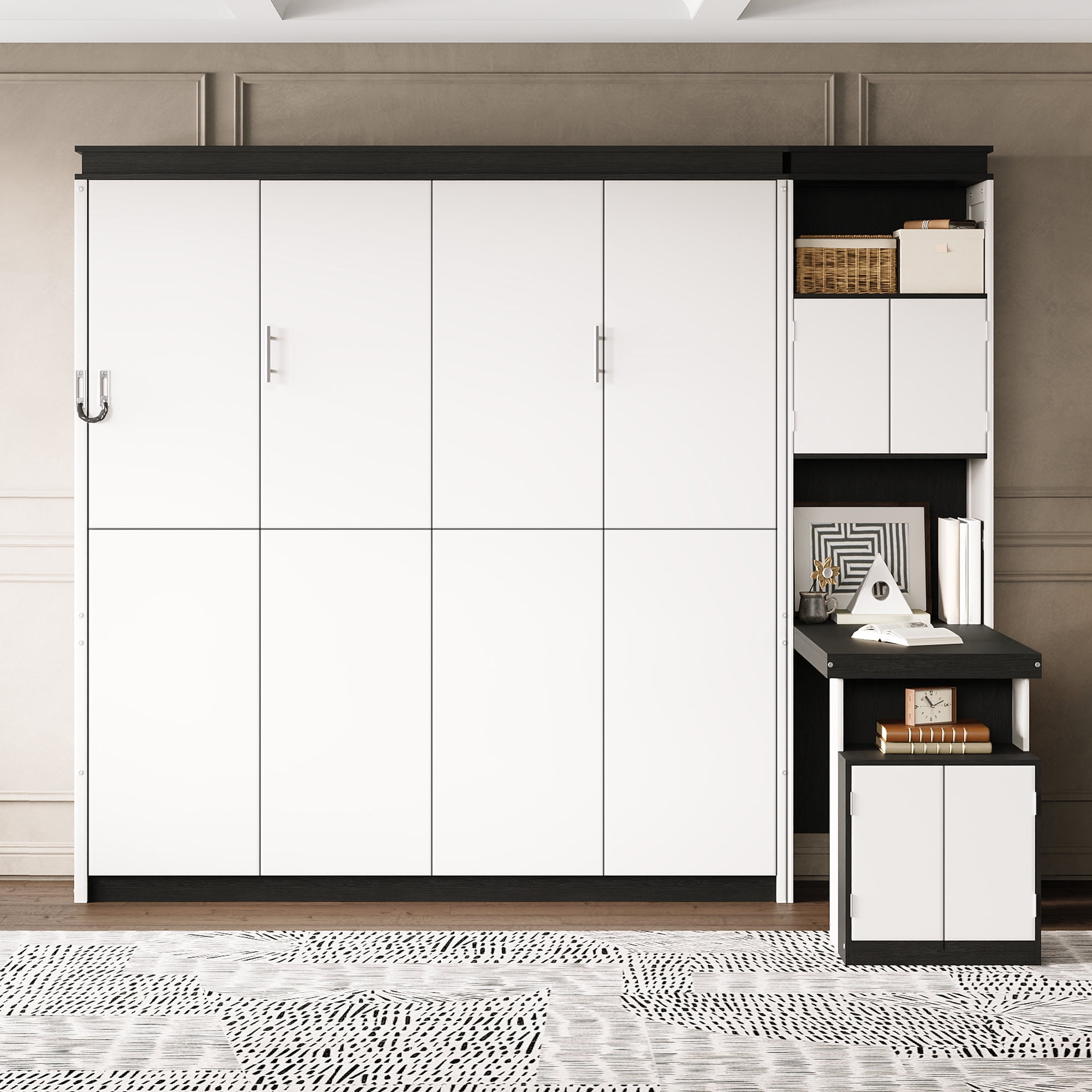 Queen Size Murphy Bed with Desk and Storage Shelves and Cabinets for Small Space, Guest Room