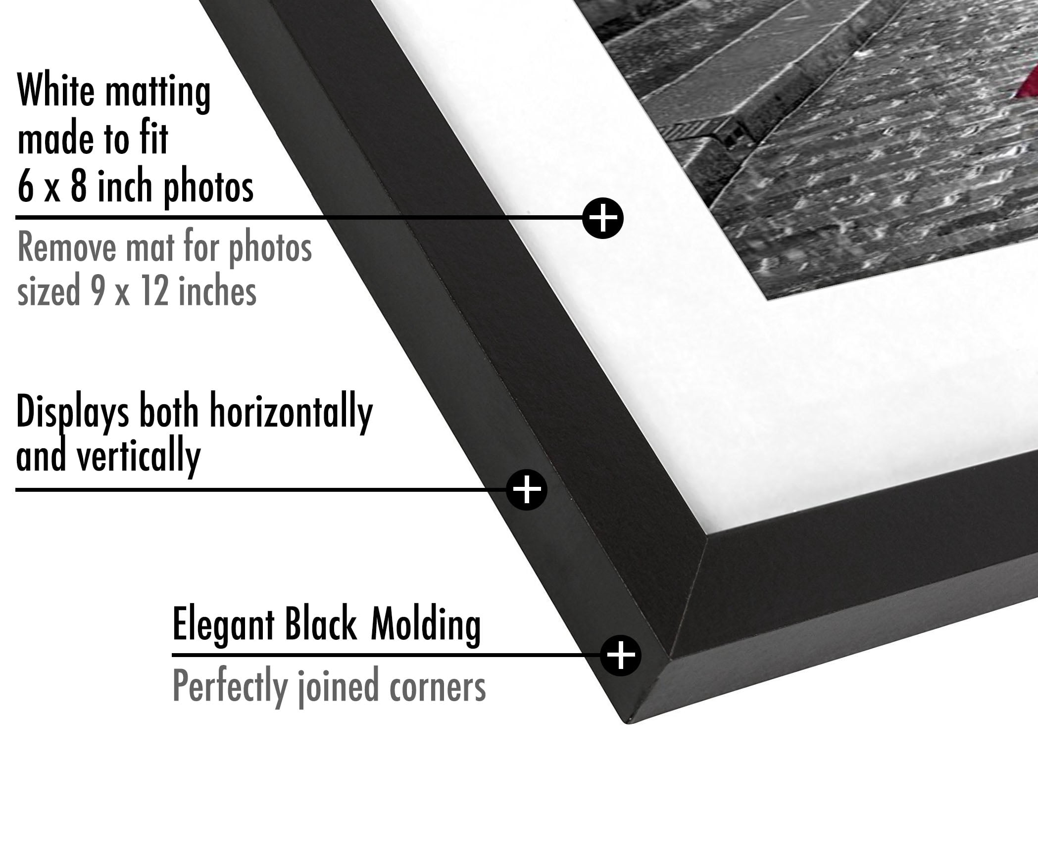 Americanflat 9x12 Picture Frame with Mat for 6x8, MDF wood and shatter-resistant glass, Black