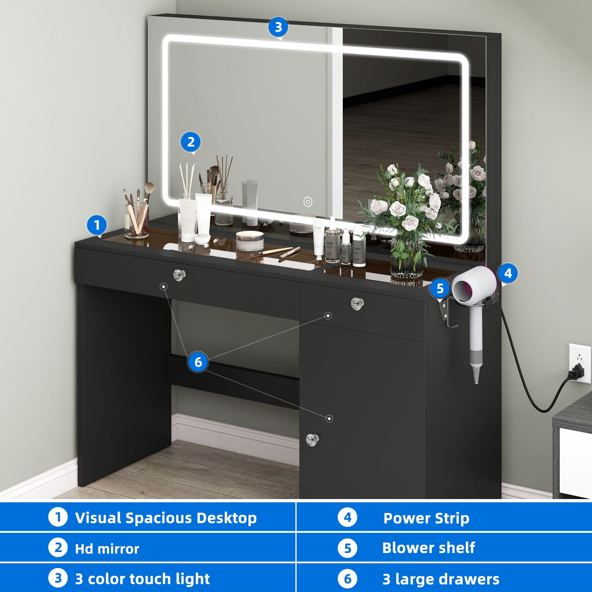 Uforic Modern Vanity Desk with LED Lighted Mirror & Power Outlet, Makeup Vanity Table with Drawers & Cabinet , Bedroom Dressing Vanity with Dividers and Hair Dryer Rack, Black